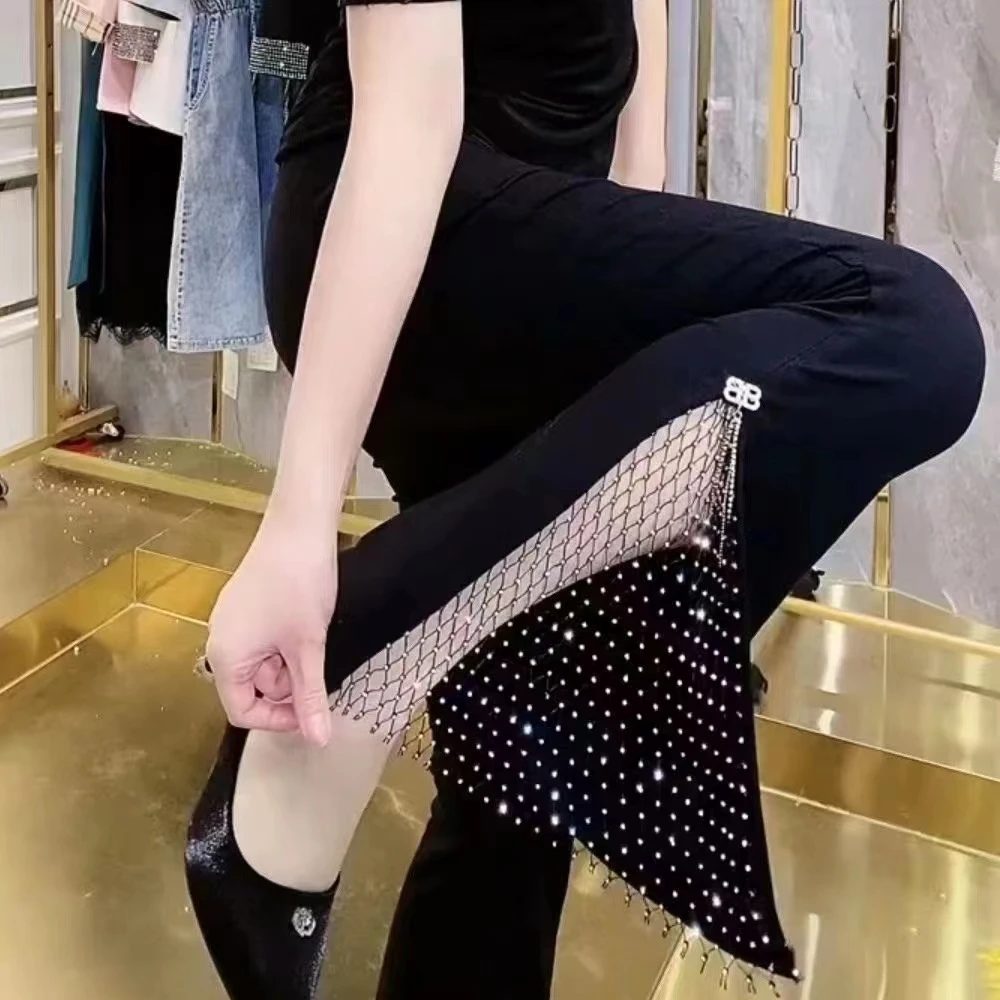 1122-2春秋渔网裤开叉洋气显瘦气质高腰时尚百搭重工镶钻拼接外穿