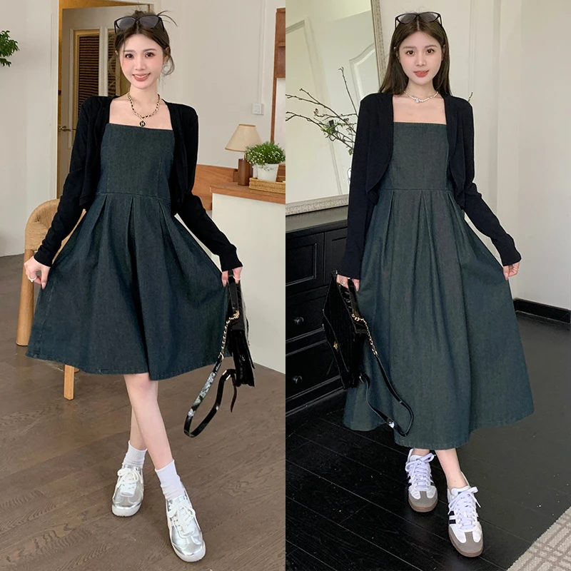 艾薇 大码女装胖mm新款吊带牛仔收腰显瘦连衣裙加针织披肩两件套