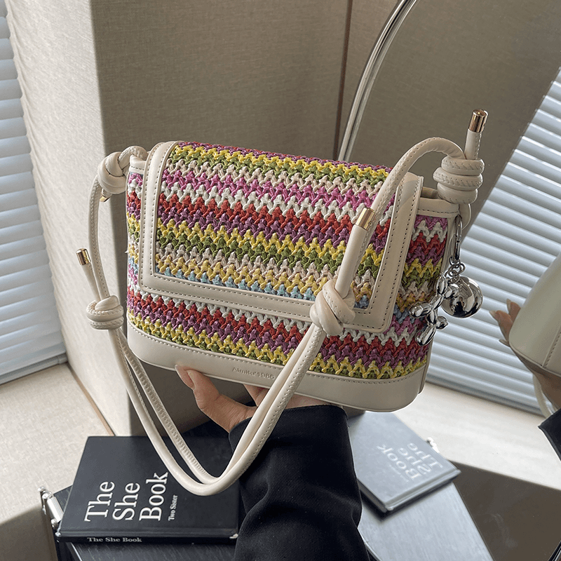 艾米兔女包2024新款撞色休闲草编百搭洋气质感小众单肩斜挎小方包