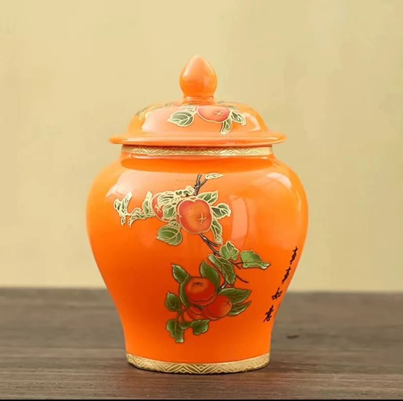 -陶源茶具/小号事事如意柿子红茶绿茶陶瓷茶叶罐密封罐13*6