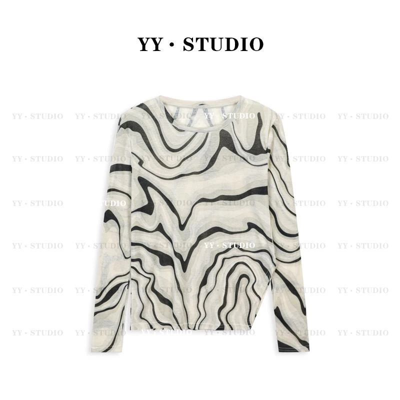 设计感侧开叉不规则条纹天丝长袖透气上衣女夏季防晒罩衫百搭T恤