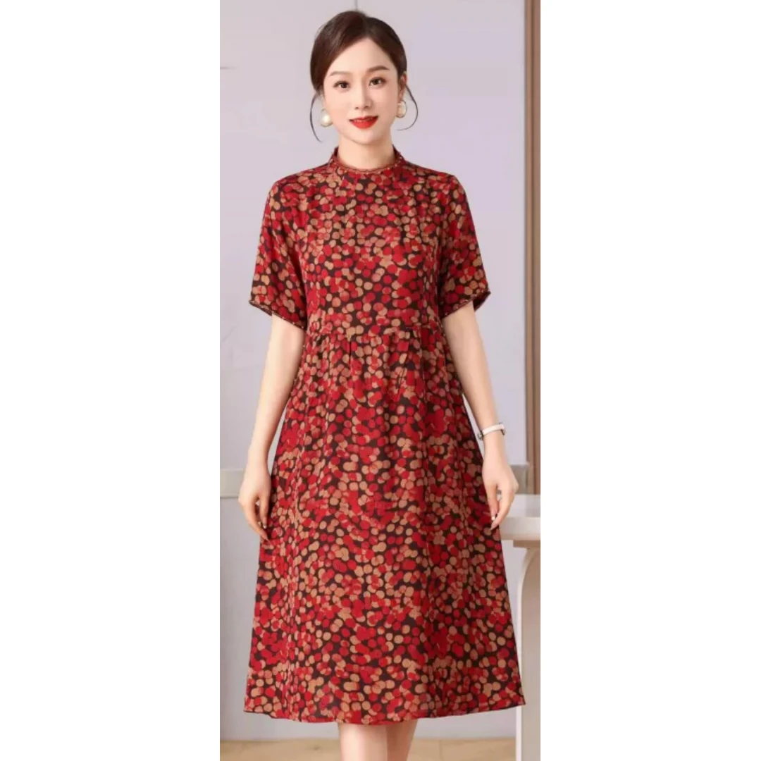1-056-10（红绿）新款舒适时尚印花连衣裙