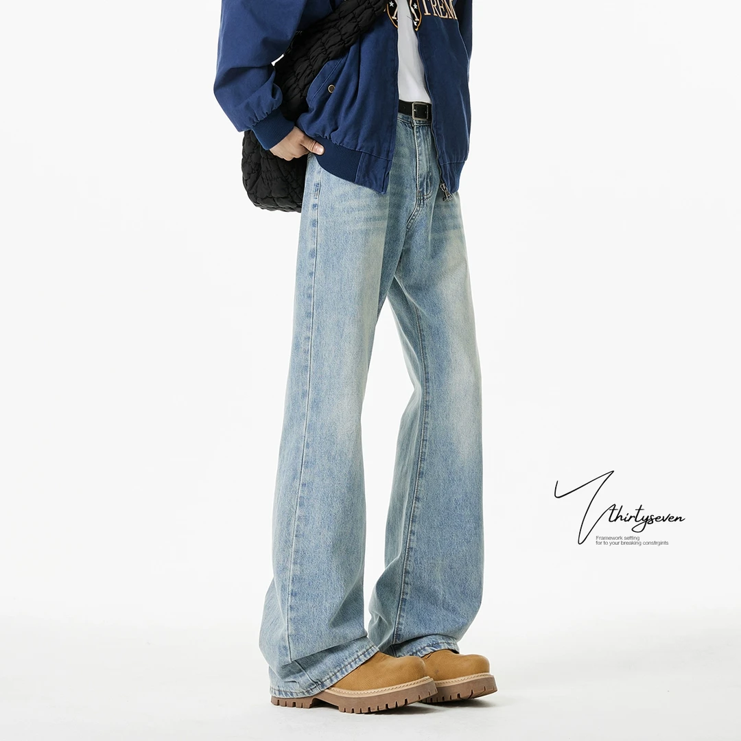 「Pansk」冰蓝色微喇牛仔裤男款美式高街cleanfit裤子显瘦直筒裤