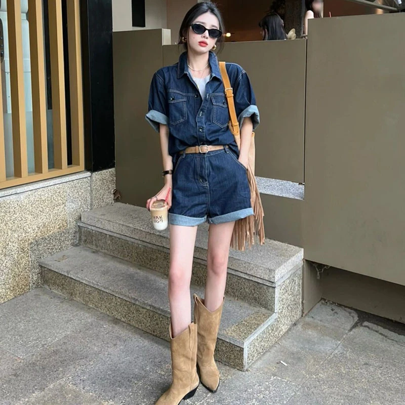 女神范气质时尚牛仔连体裤夏装收腰系带炸街时尚工装连身短裤女潮