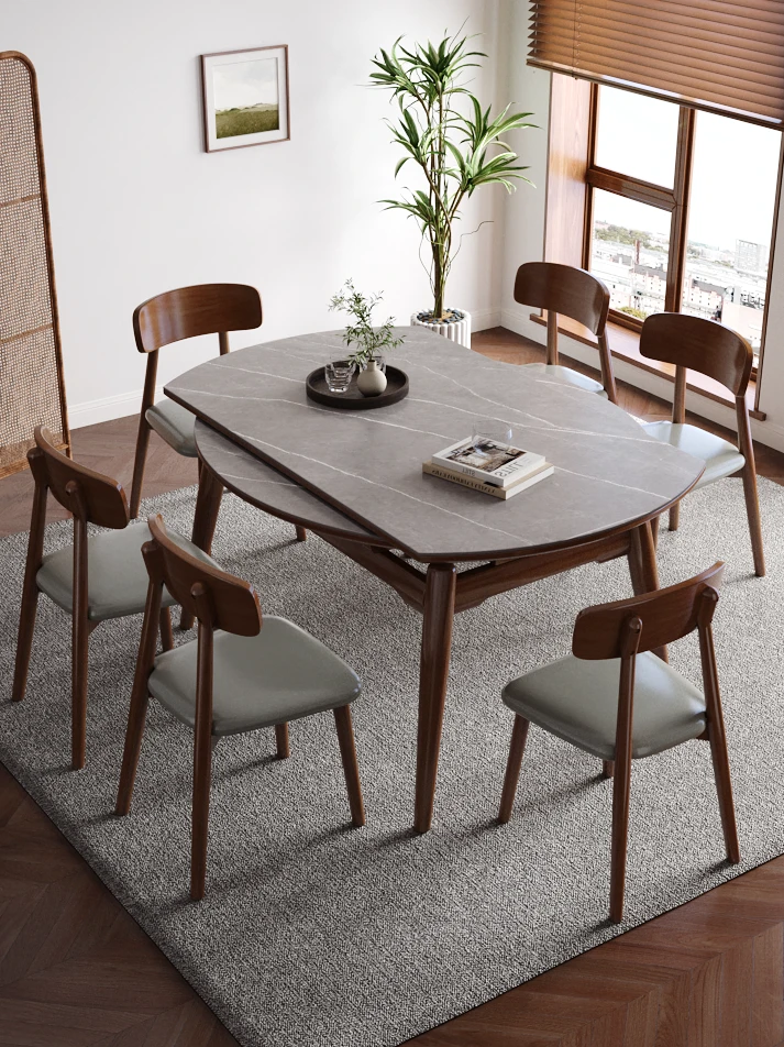 231#2023年新款胡桃色实木餐桌饭桌家用轻奢岩板餐桌微晶石餐桌