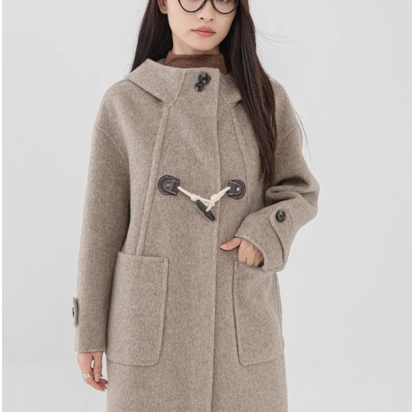 2024帽子新款高品质戴帽长款休闲气质百搭双面呢大衣毛呢外套2409