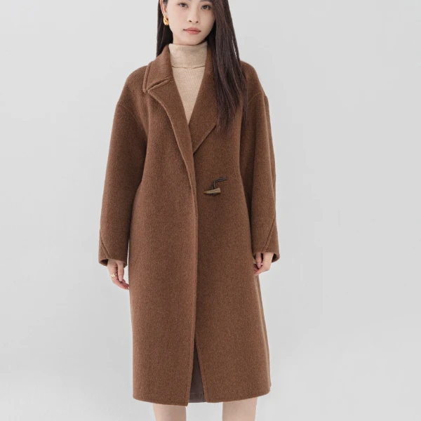 2024牦牛绒女士纯色长款休闲气质立领加厚双面呢大衣毛呢外套2404