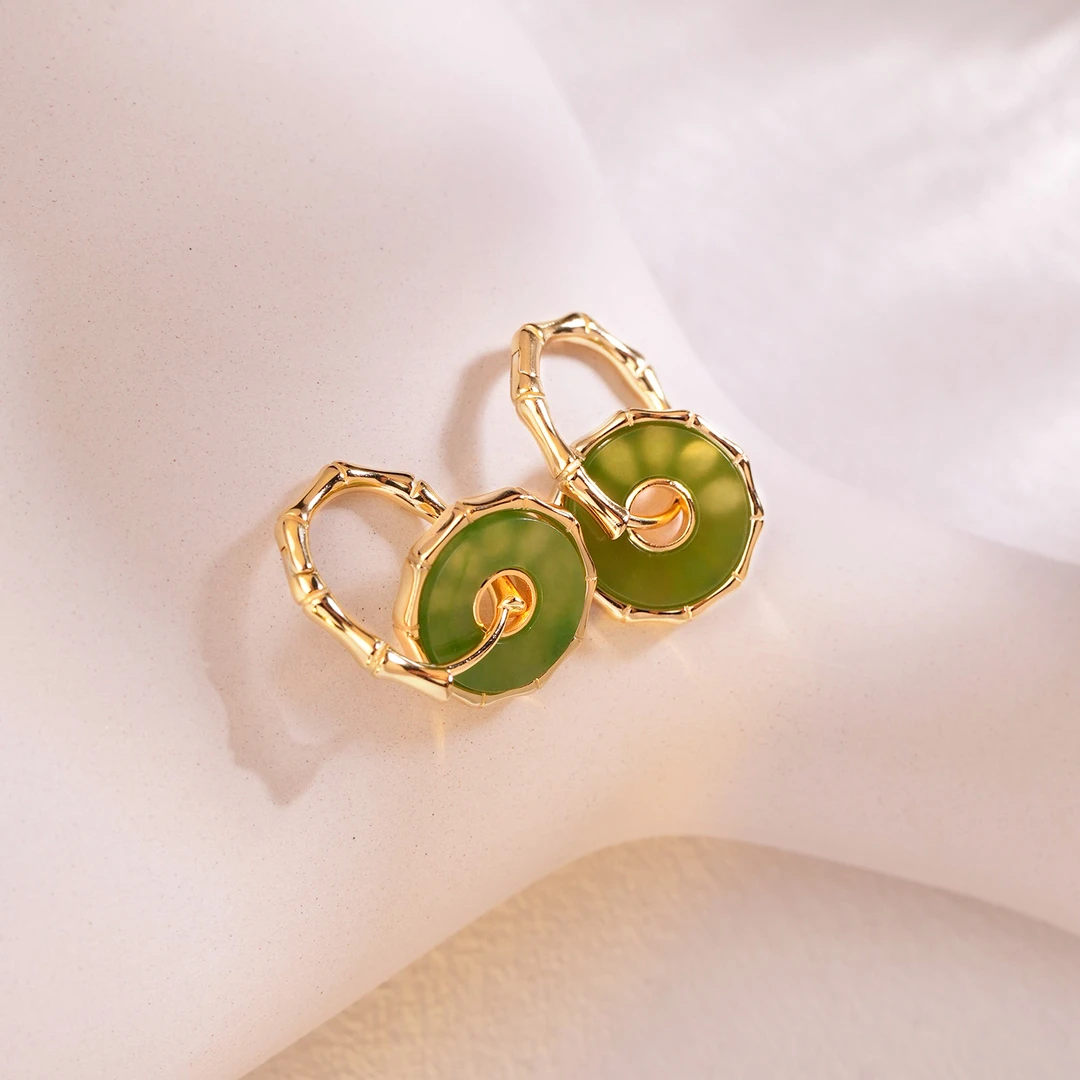 【欣欣推荐】和田玉竹节甜甜圈耳饰S925银镶嵌经典款