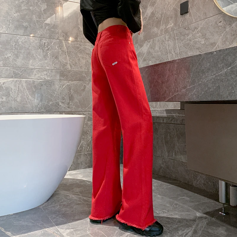 牛仔裤女士阔腿常规新款高腰显瘦红色大码宽松高直筒深蓝色牛仔裤