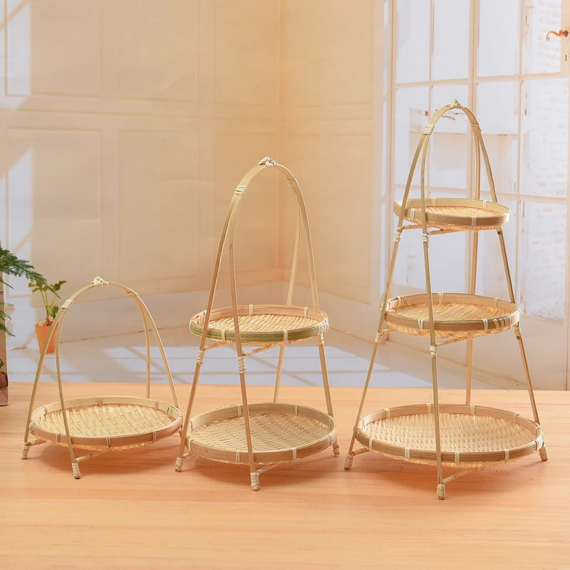 网红竹编点心水果篮蛋糕展示置物架手工圆形收纳提篮竹篮摆件C366