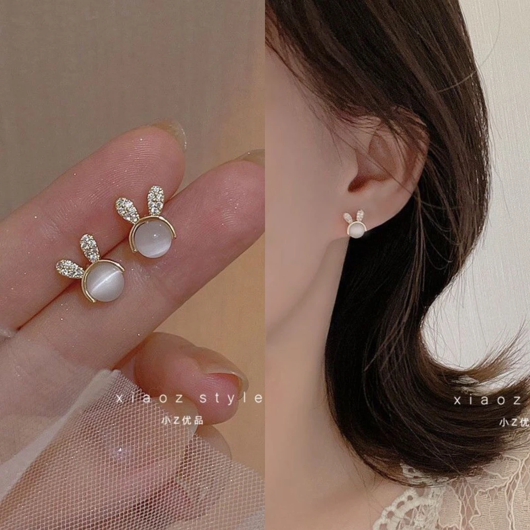 合金耳饰 合金可爱小兔子镶钻耳环小巧精致耳钉耳饰女甜美气质