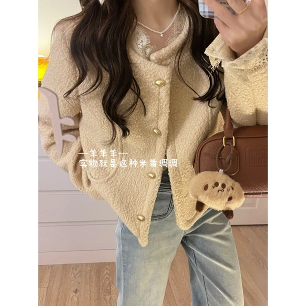 奶黄色毛呢内里夹棉小香风女士短外套2024新款秋冬加厚高级感上衣