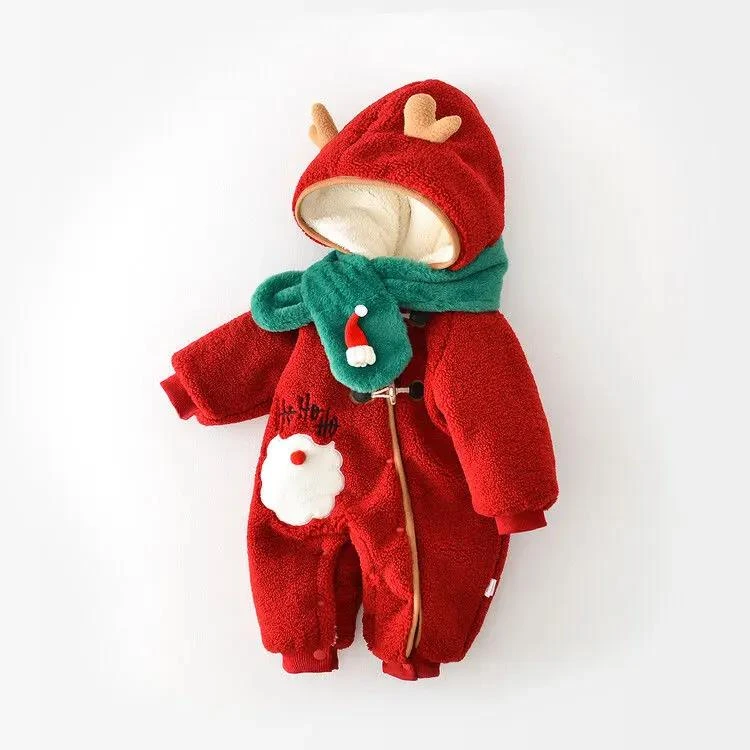 婴儿圣诞节连体衣冬款拜年服新生儿加绒哈衣加厚爬服保暖外出衣服