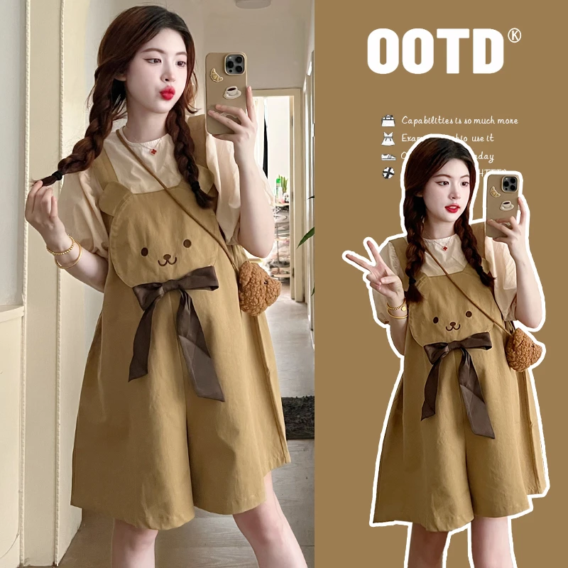 孕妇装夏款新款时尚套装洋气时髦背带裤两件套夏季短袖上衣