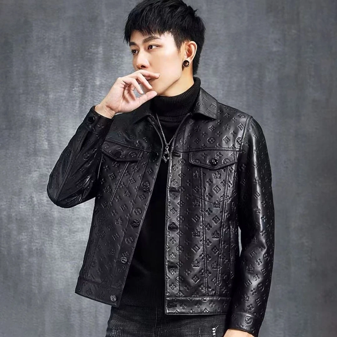 钢印压花皮衣男士外套修身新款潮流短款帅气翻领机车服皮夹克男