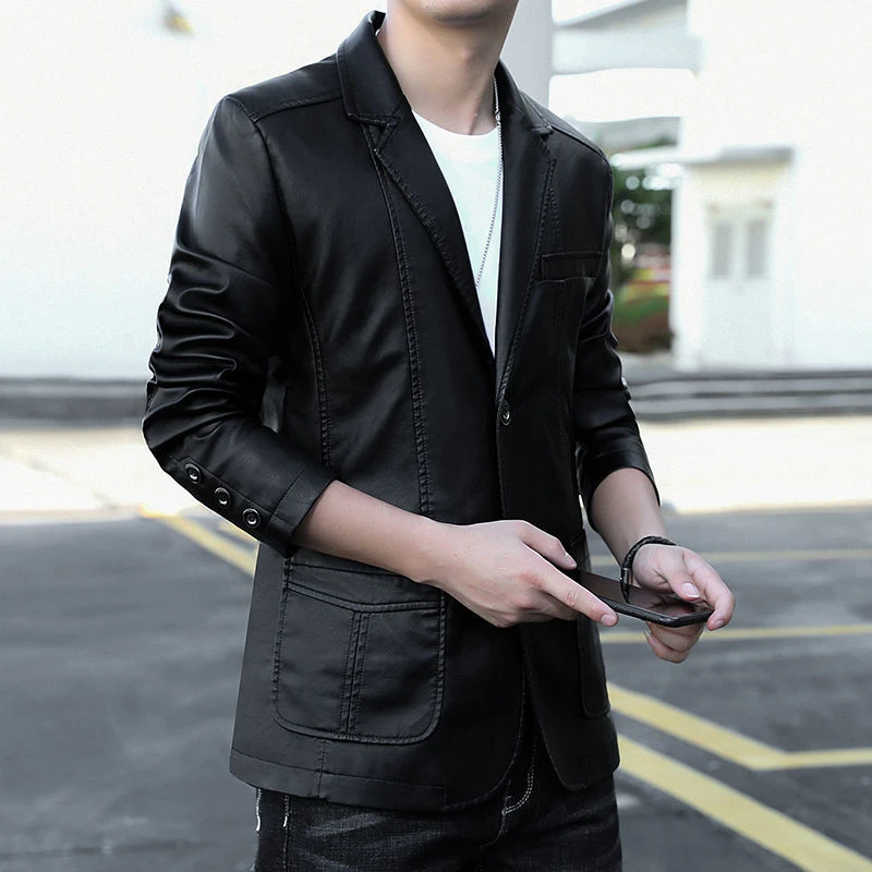 春秋皮衣商务新款男士西装休闲皮夹克修身外套