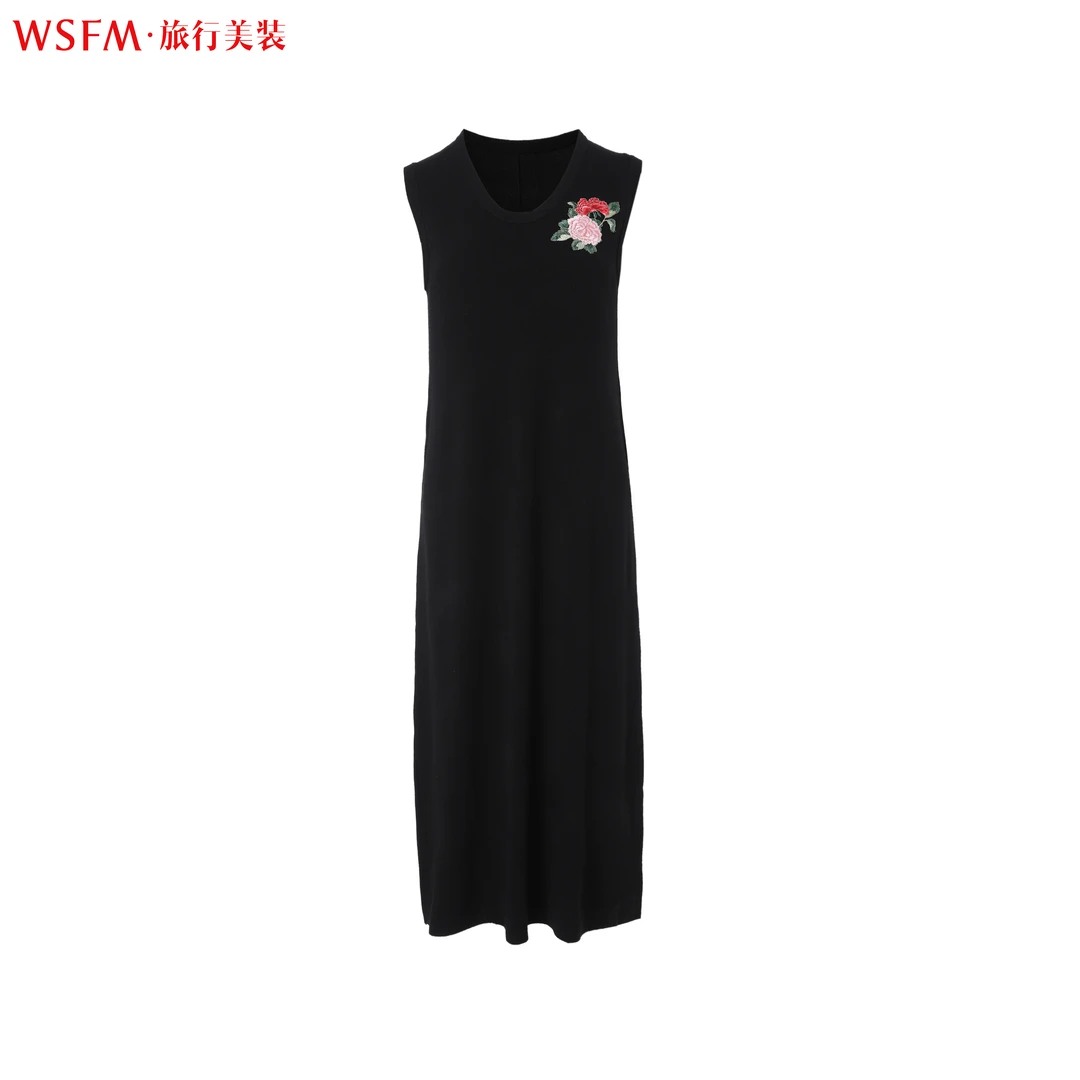 WSFM秋冬新款重工刺绣气质时尚羊毛连衣裙修身显瘦黑色SJ24C9218