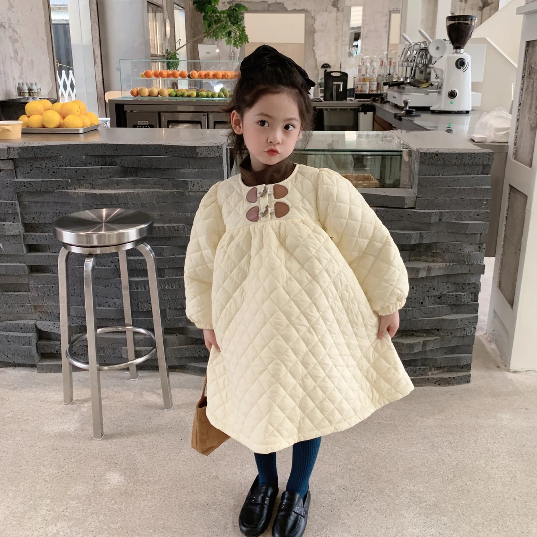 断码清!!韩版纯色夹棉连衣裙2024冬季灯笼袖牛角扣棉裙+咖色打底