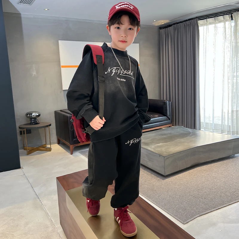男童秋装黑色卫衣套装2024新款潮流儿童青少年运动服春秋款两件套