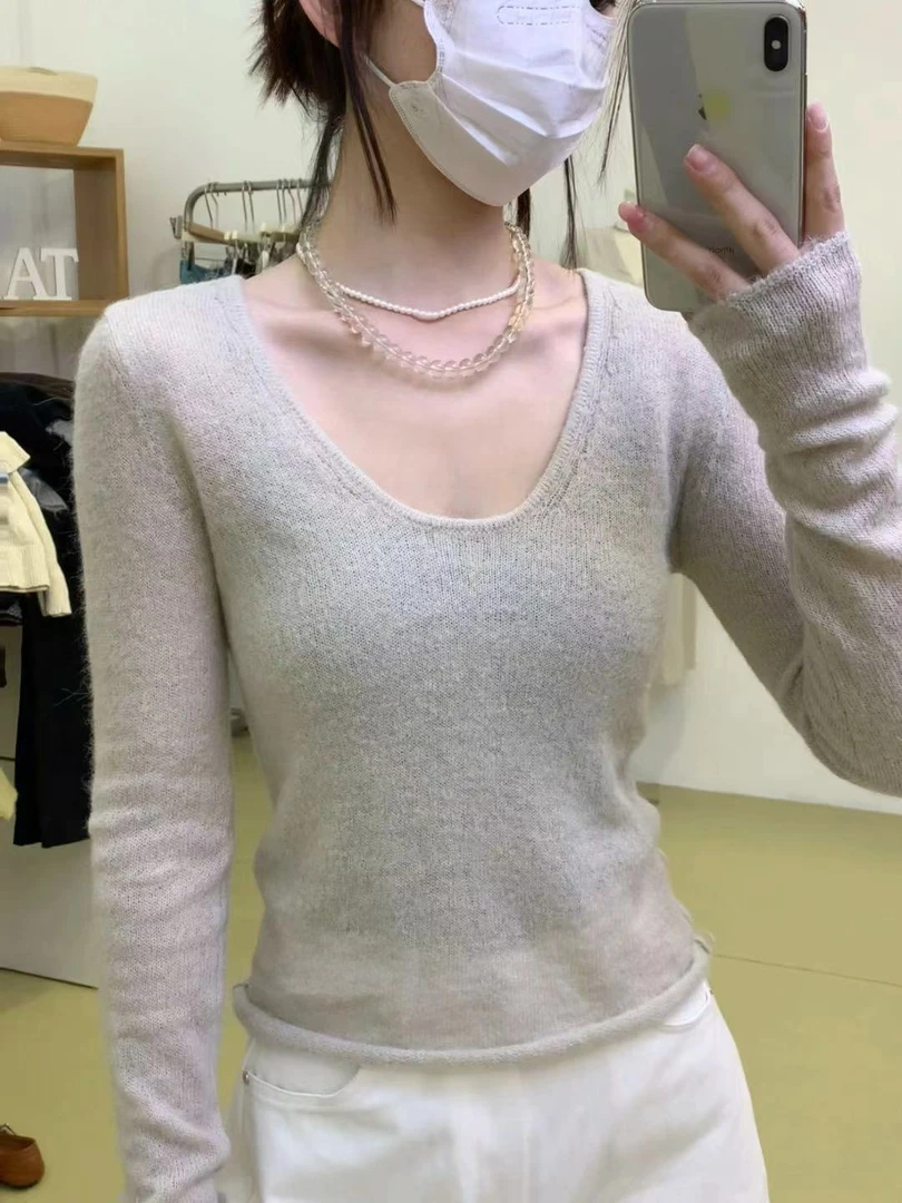 【ETER】韩版低圆领长袖针织衫复古T恤女秋季宽松绝美内搭独特显瘦