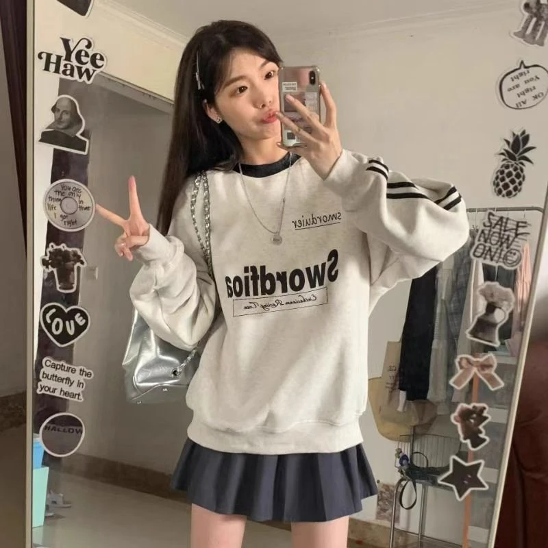 美式复古三条杆圆领卫衣女秋冬薄款设计感小众学院风无帽套头上衣