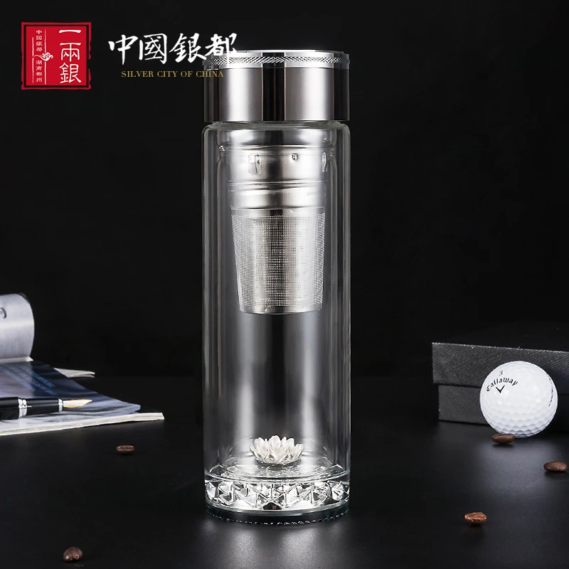 一两银水杯双层加厚耐热玻璃杯镶银茶水分离杯子高档银莲花银杯