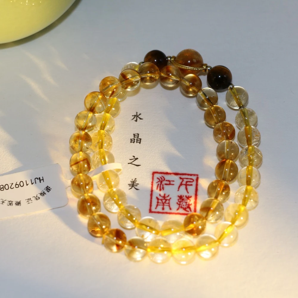 千京天然黄水晶黄塔晶虎眼石双圈手链手串珠宝