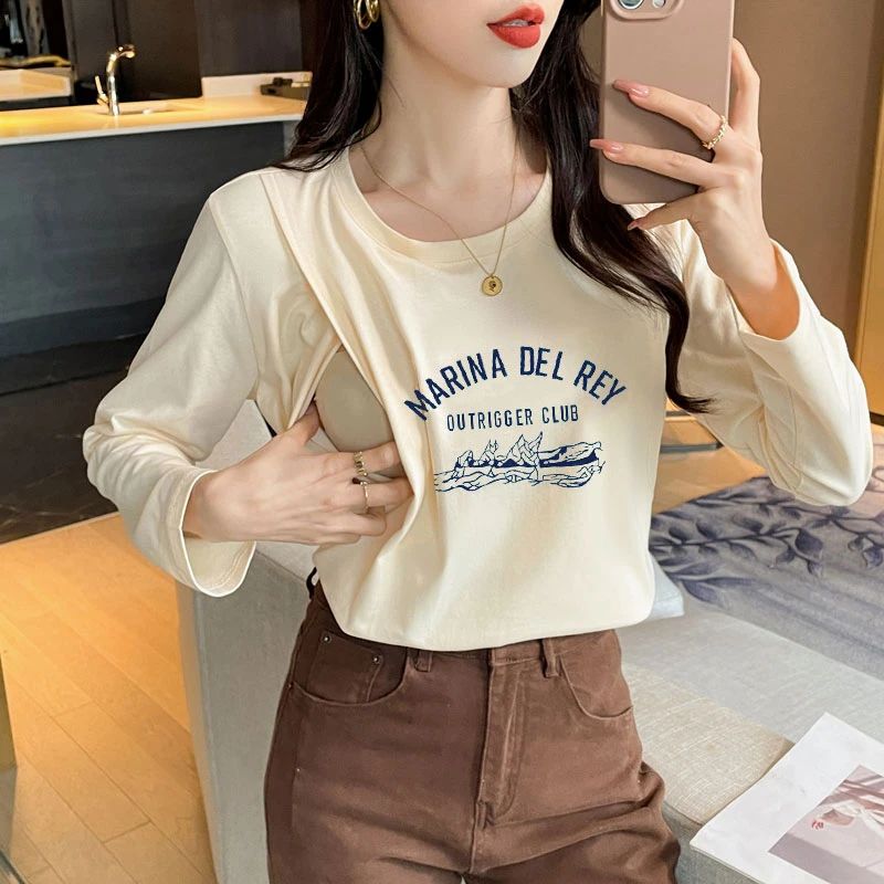 新春韩版长袖哺乳棉质T恤产后辣妈亲肤时尚百搭喂奶打底衣月子