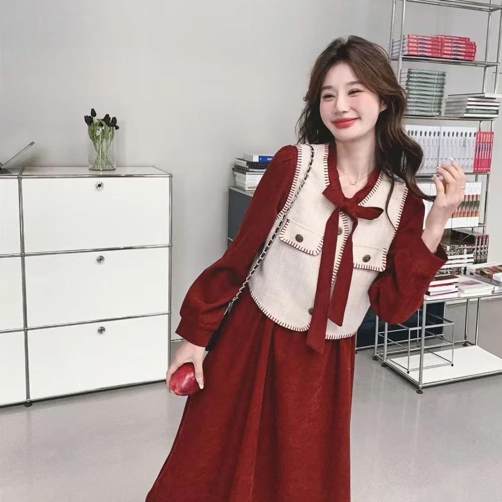 秋季法式学院风洋气减龄气质小香时尚孕妇哺乳连衣裙+马甲两件套