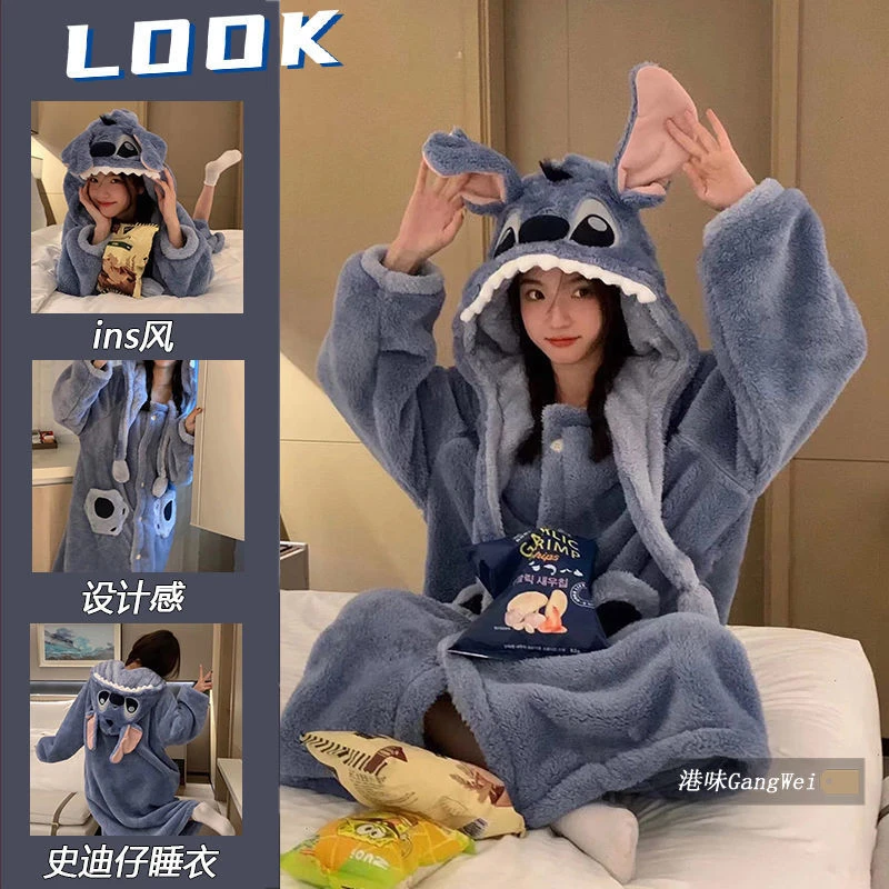 新款史迪仔睡衣女冬季舒棉绒可外穿家居服连帽卡通睡衣史迪仔睡袍