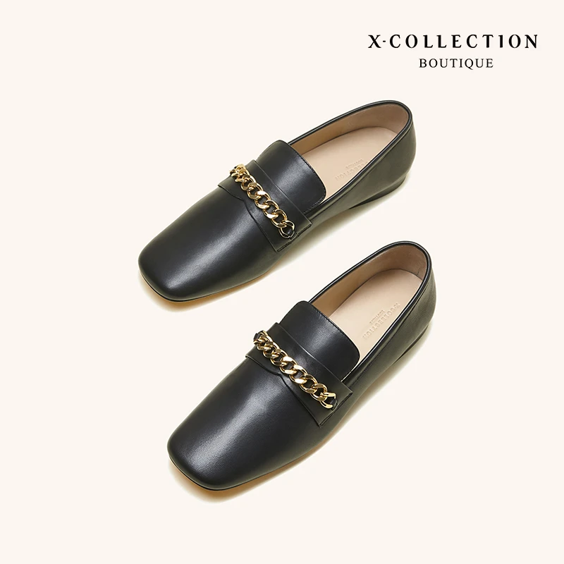 Xcollection 经典复古方头平底金属链条羊皮单鞋一脚蹬真皮底百搭