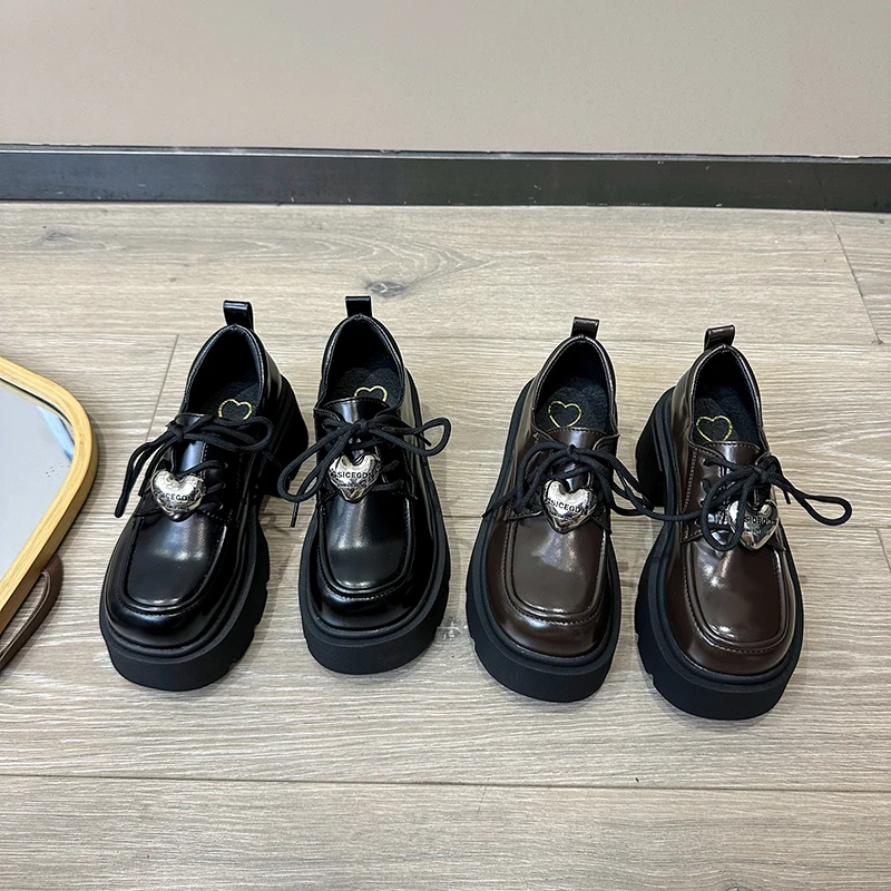 圆头系带英伦风小皮鞋女2024早春新款松糕厚底粗跟法式复古单鞋子