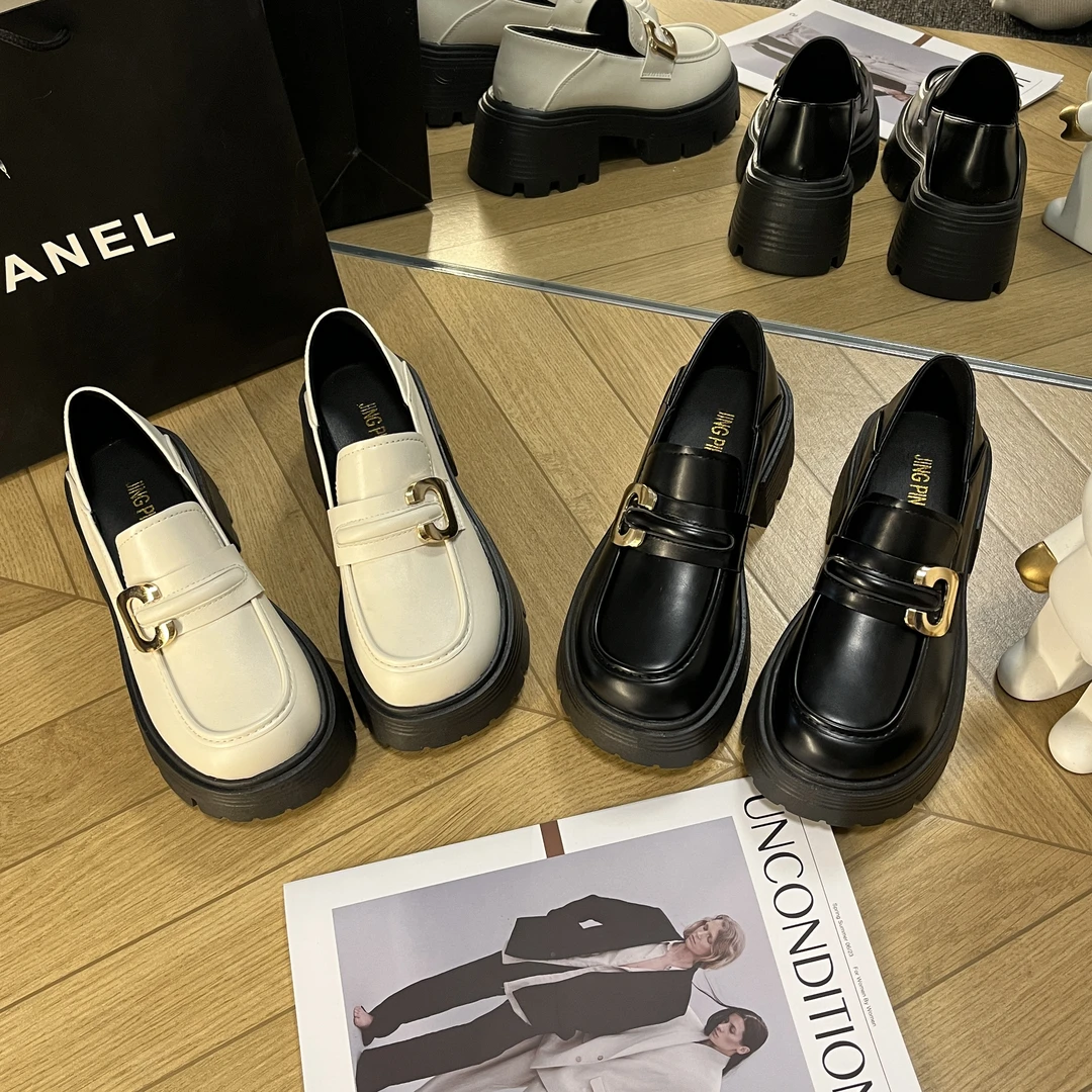 圆头厚底乐福鞋2024年春秋时尚百搭真皮春季英伦风增高黑色小皮鞋