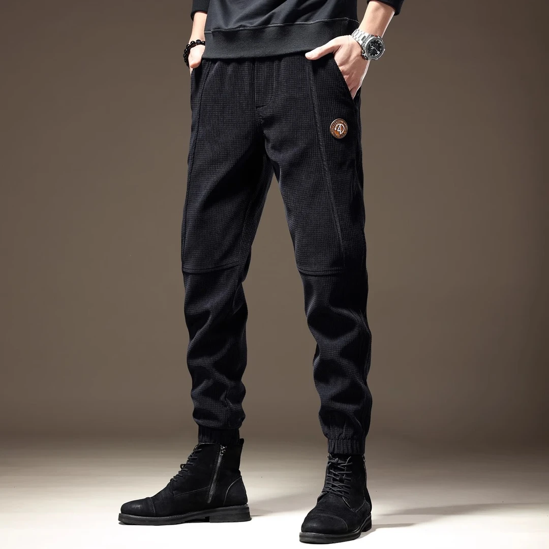 美式复古格子灯芯绒裤子潮牌男装秋冬新款宽松束脚加绒冬季休闲裤