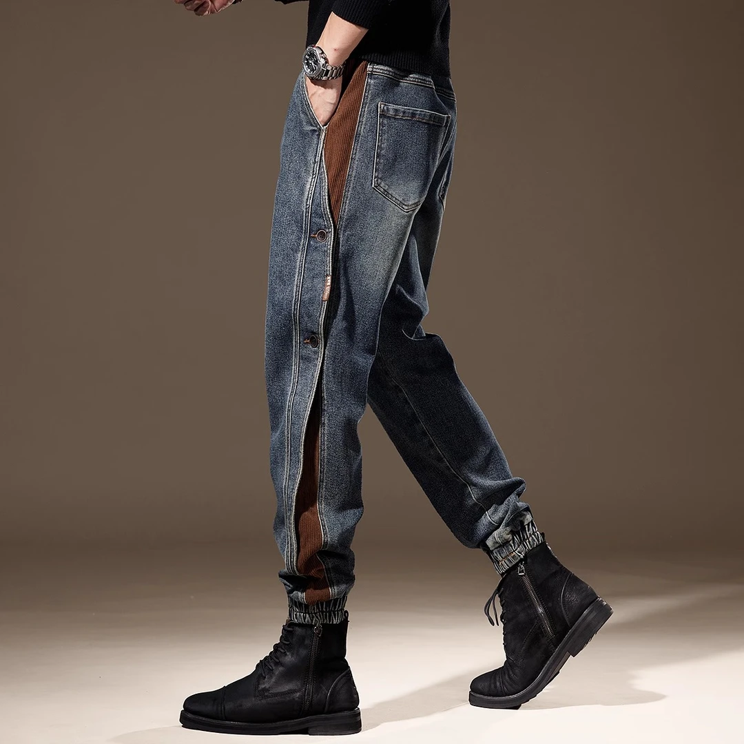 高端重磅设计感拼接工装裤男美式潮牌秋冬季加绒宽松休闲束脚裤子