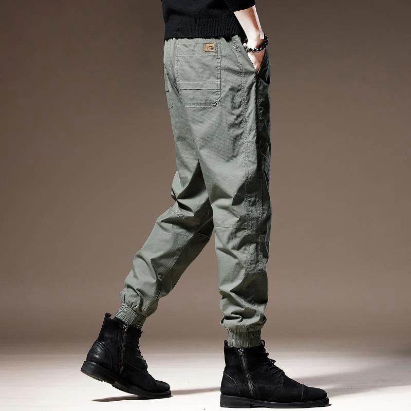 高端爆款男装弹力工装裤夏季新款宽松直筒束脚潮牌军绿色休闲裤子