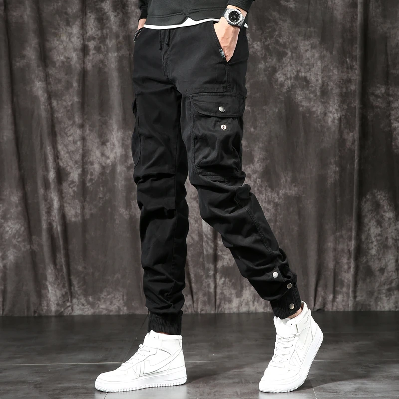 春秋季工装裤束脚裤男士长裤法式潮牌黑色修身小脚英伦休闲男裤子