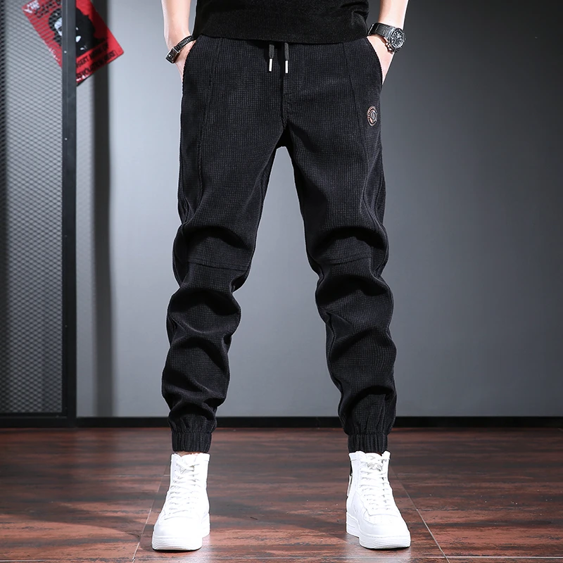 秋冬季新款灯芯绒裤子男黑色休闲裤潮流宽松大码加绒百搭锥形裤子