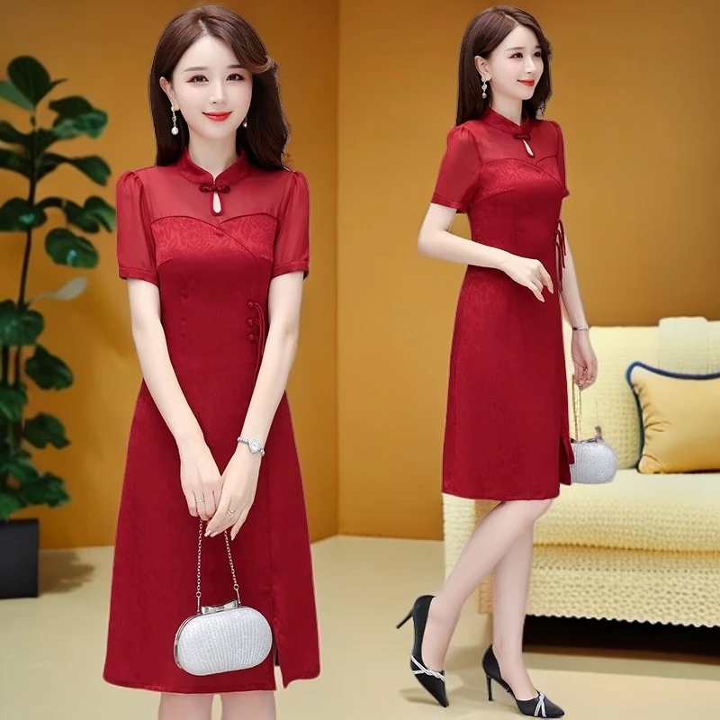 【X475】酒红色气质显瘦高端中国风盘扣中式女装连衣裙