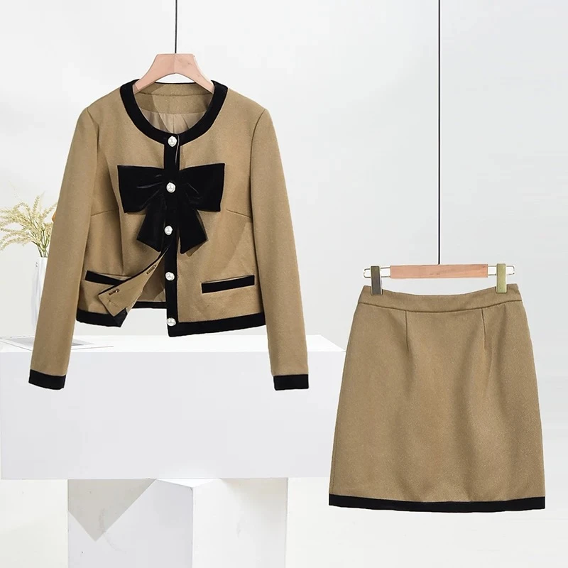 【TZ918】春秋款通勤小香风套装保暖圆领外套+短裙两件套