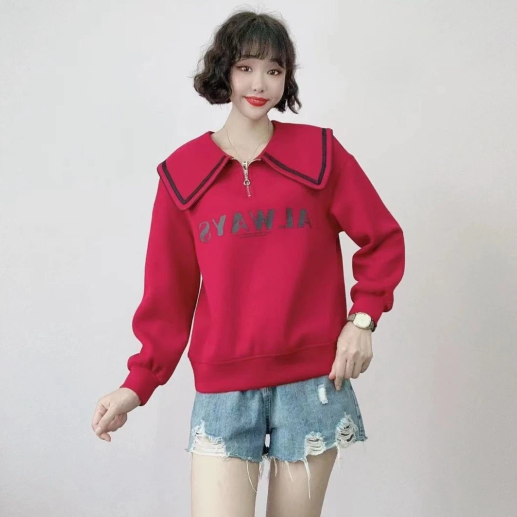 字母图案宽松翻领半拉链卫衣春秋百搭休闲减龄女士卫衣W765