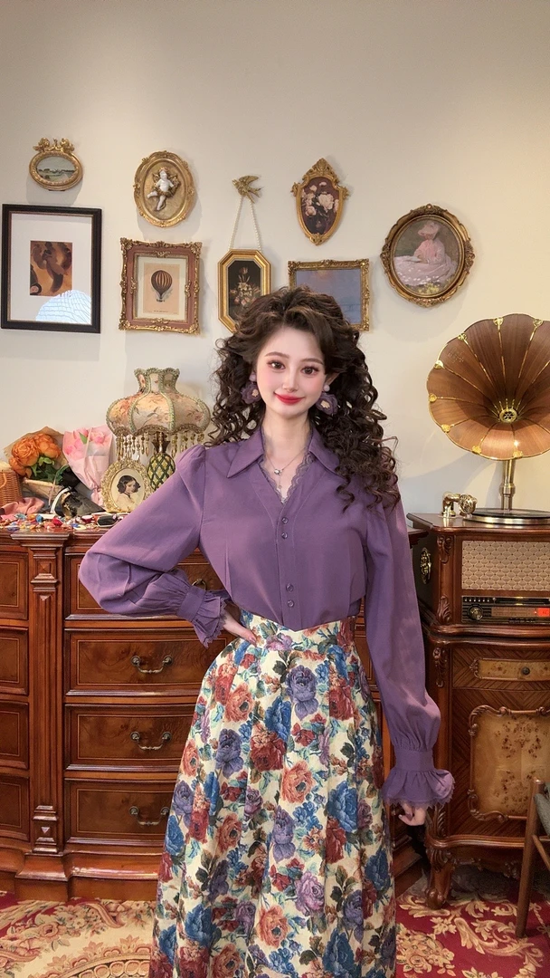 （现货清清）一生罗曼【唐顿庄园】气质设计感蕾丝拼接翻V领衬衫Y3908