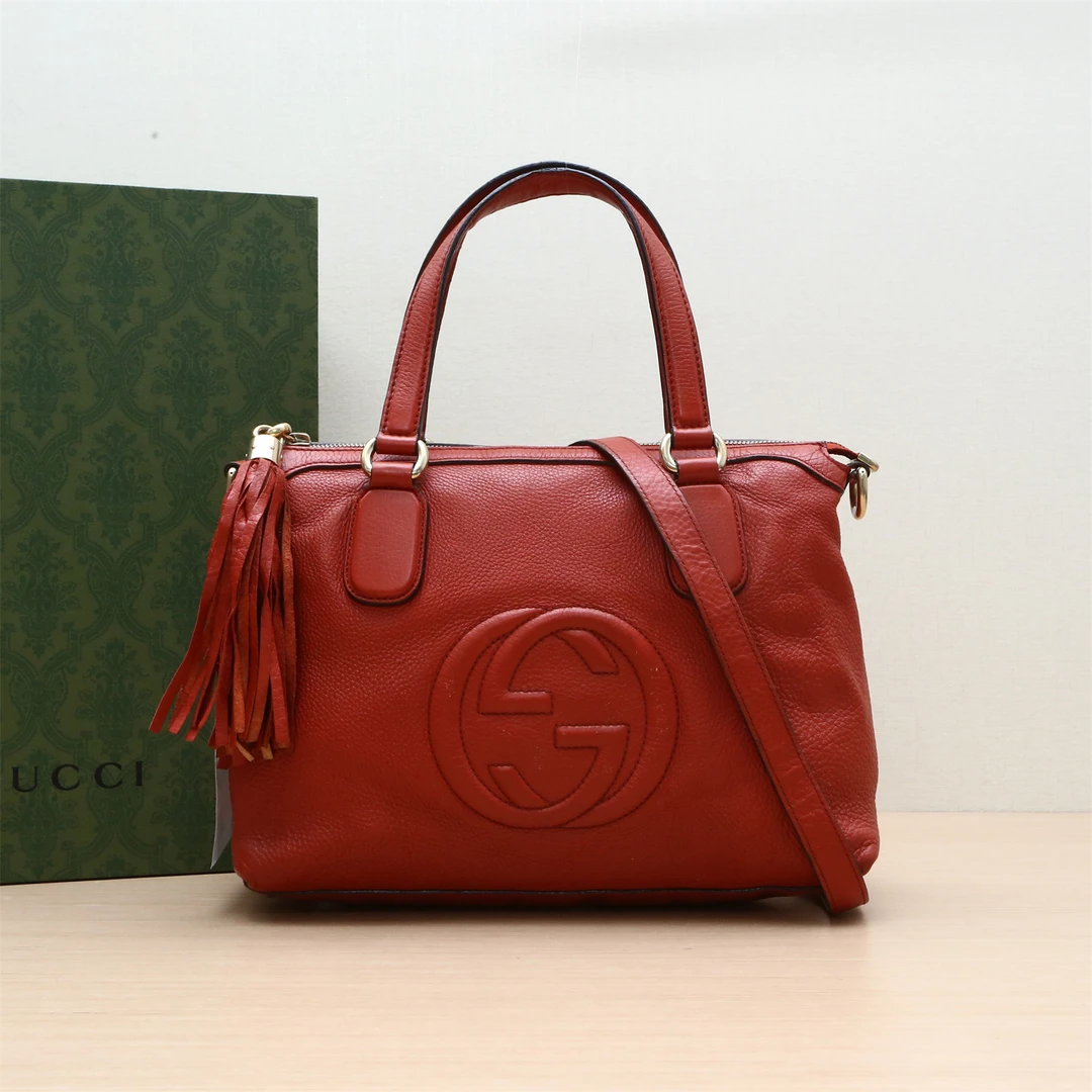 95新 GUCCI/古驰 SOHO系列 流苏购物袋 红色 单肩包 P204296980