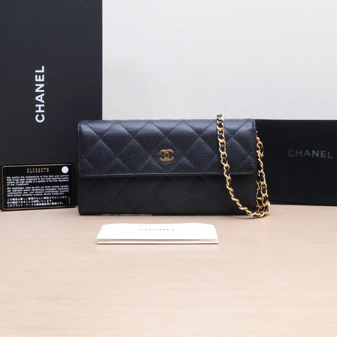 99新 Chanel/香奈儿 CF黑金荔枝牛皮翻盖钱包 21开 P204517280