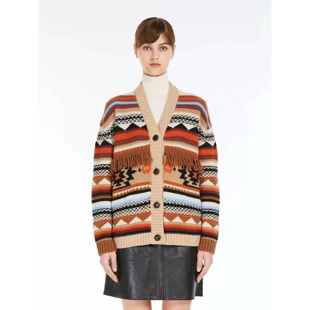 全新未使用 MaxMara 汤/TP030093/通体印花V领长袖针织衫 褐色