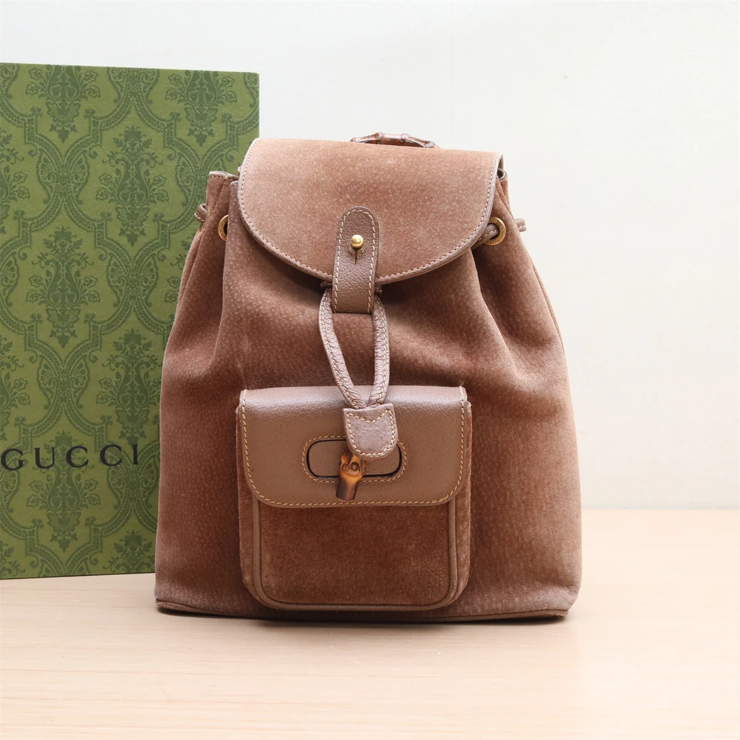 95新 GUCCI/古驰 竹节双肩包 棕色 麂皮P234654827