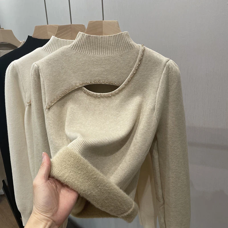 一体绒半高领打底衫女冬内搭洋气2024加厚保暖毛衣加绒设计感上衣