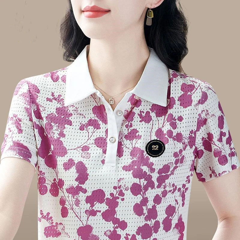冰丝t恤女夏季新款印花短袖显瘦宽松迷彩上衣休闲翻领运动polo衫