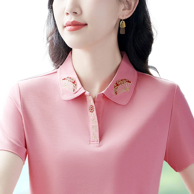 翻领短袖t恤女夏季新款气质妈妈国风休闲体恤宽松女士polo衫夏装