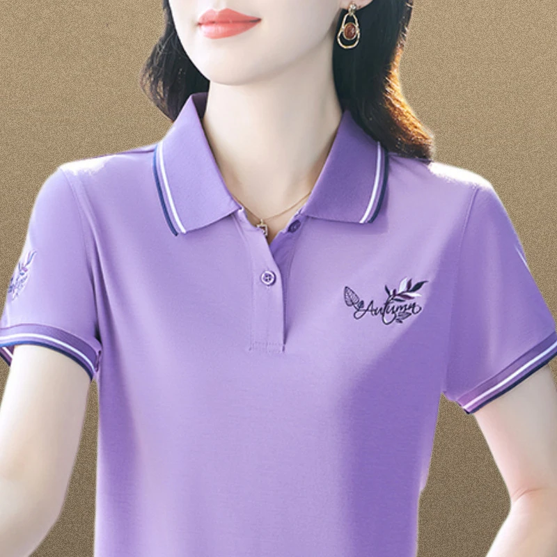 夏季短袖翻领t恤女2024新款休闲百搭大码中年妈妈polo衫时尚上衣